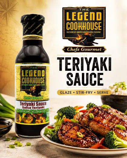 Legend Teriyaki Sauce bottle on a warm cream product card background