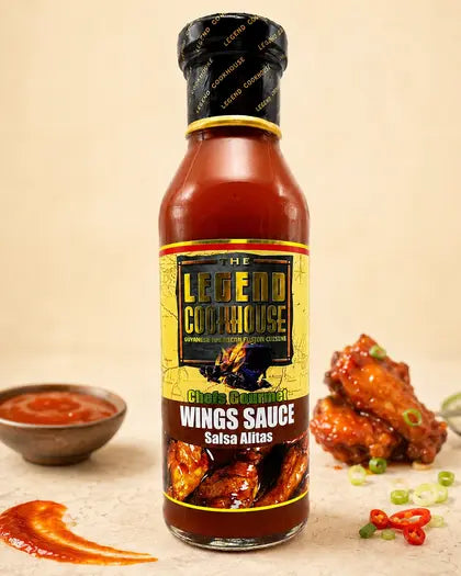 Legend Wings Sauce bottle on a warm cream product card background