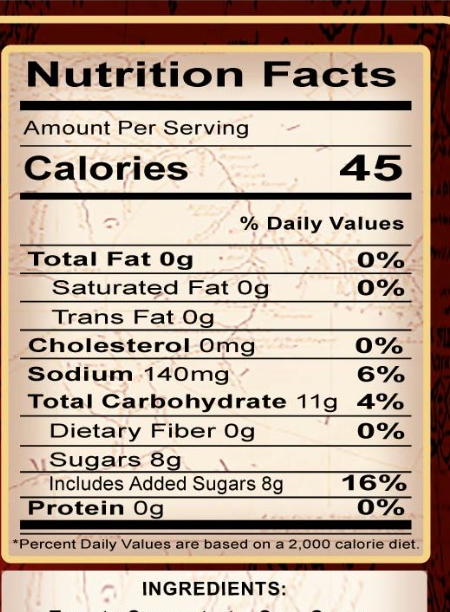 Nutrition Facts panel cropped from the approved Teriyaki Sauce flat label
